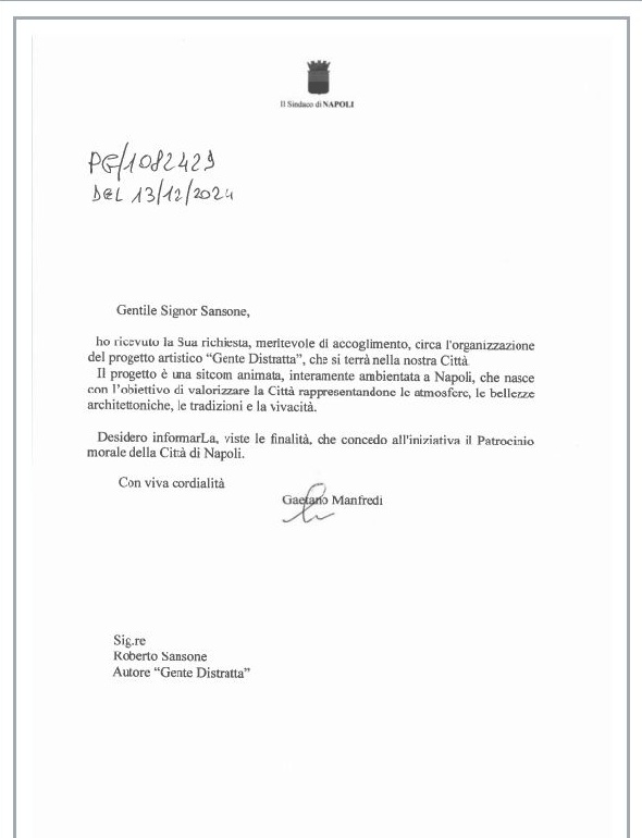 Patrocinio morale della Città di Napoli firmato dal sindaco Gaetano Manfredi